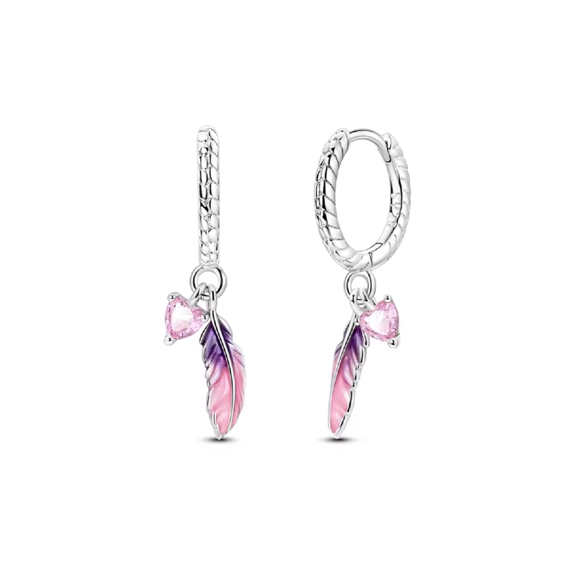 AROS ARGOLLA PLUMAS Y CORAZON ROSA EN PLATA 925 SILVER HEART - 1