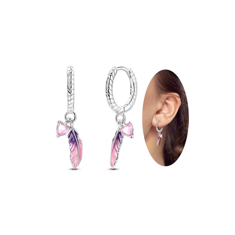 AROS ARGOLLA PLUMAS Y CORAZON ROSA EN PLATA 925 SILVER HEART - 2