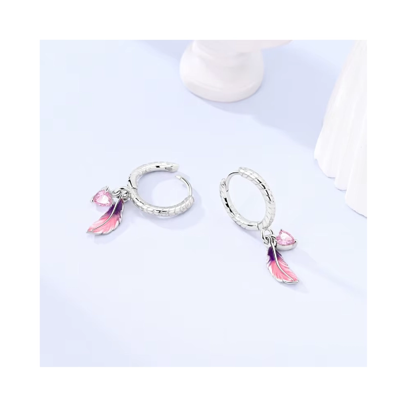 AROS ARGOLLA PLUMAS Y CORAZON ROSA EN PLATA 925 SILVER HEART - 3