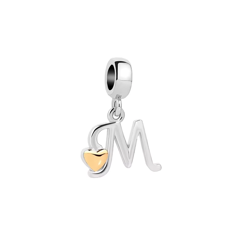 CHARM LETRA M DEL ALFABETO / ABECEDARIO Y CORAZON DORADO EN PLATA FINA 925 - 1