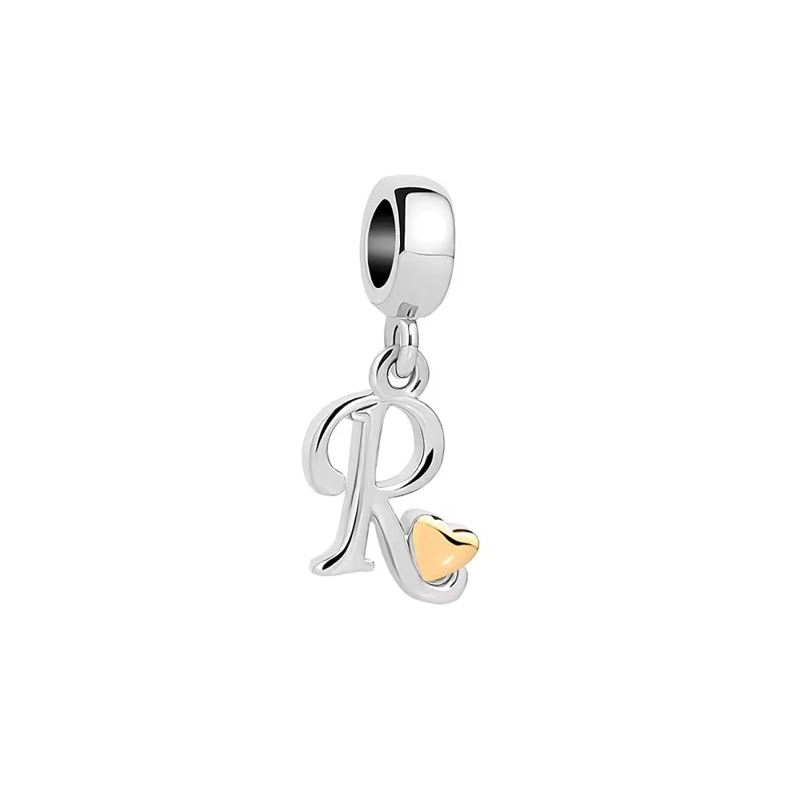 CHARM LETRA R DEL ALFABETO / ABECEDARIO Y CORAZON DORADO EN PLATA FINA 925 - 1