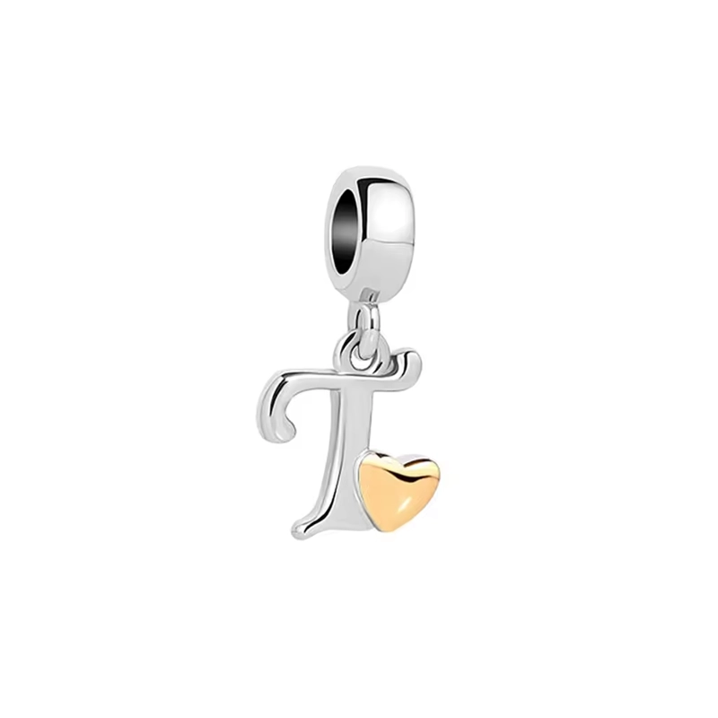 CHARM LETRA T DEL ALFABETO / ABECEDARIO Y CORAZON DORADO EN PLATA FINA 925 - 1