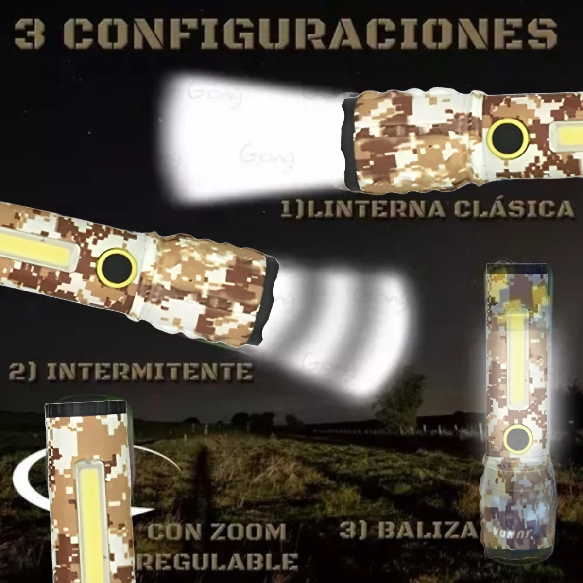 LINTERNA MANO SC CAMUFLAJE MILITAR ZOOM RECARGABLE CAMPING LAU - 5