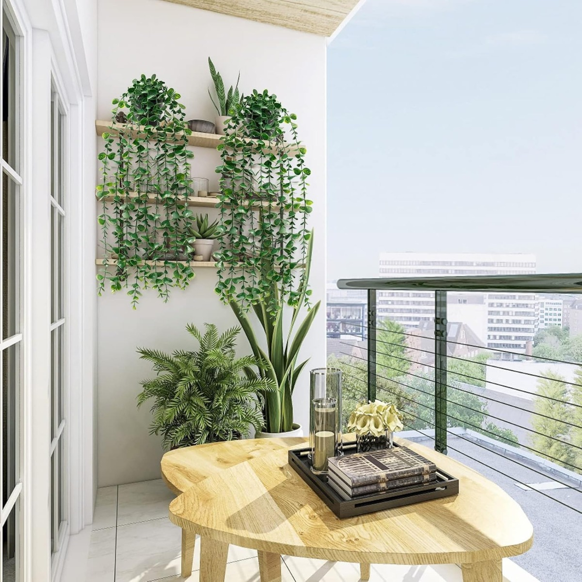 SET DE 2 PLANTA ARTIFICIAL MACETA COLGANTE VERDE PARED JHN - 5