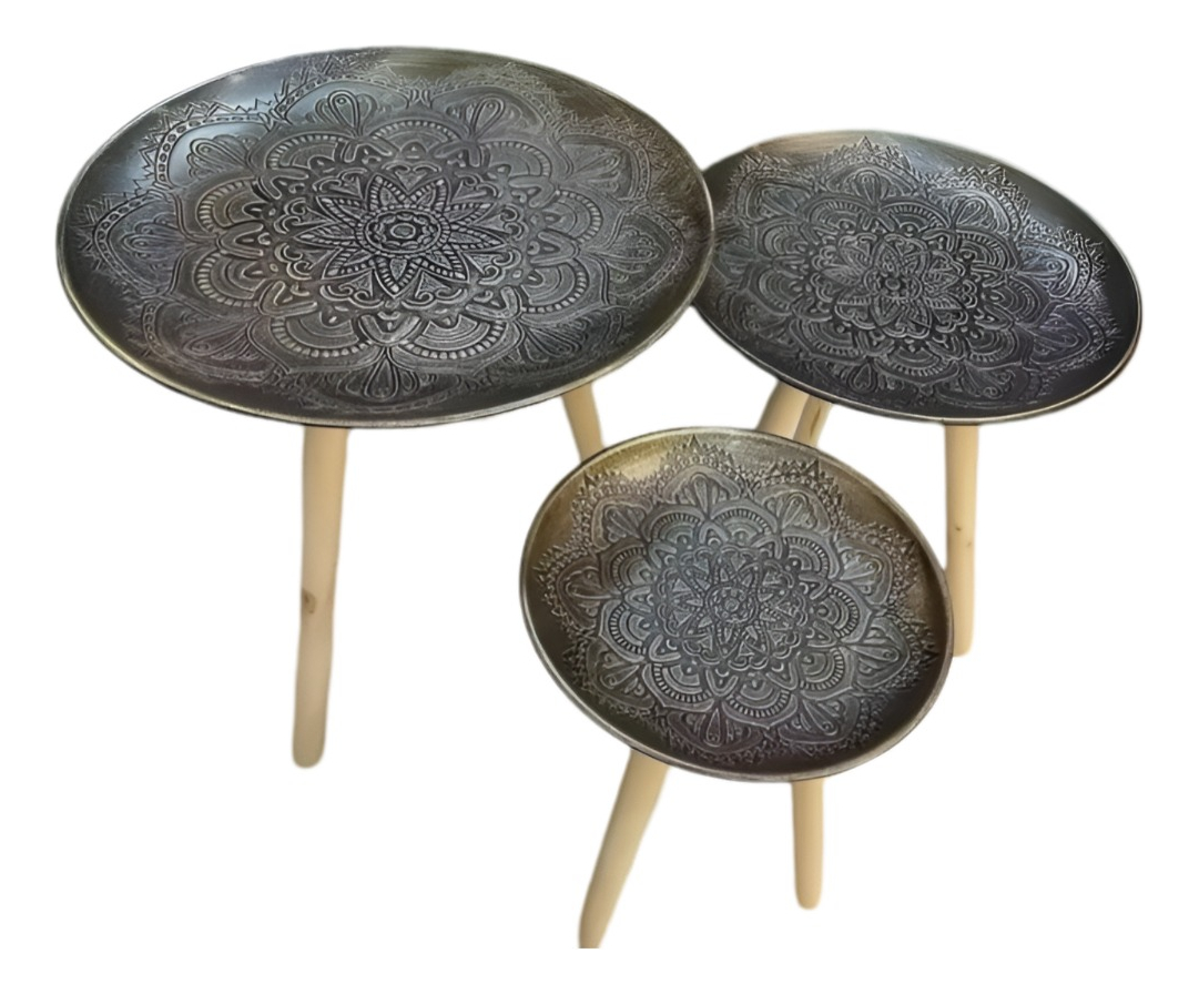 SET 3 MESAS DECORATIVAS DISEÑO VINTAGE DORADO ENVEJECIDO JHN - 1