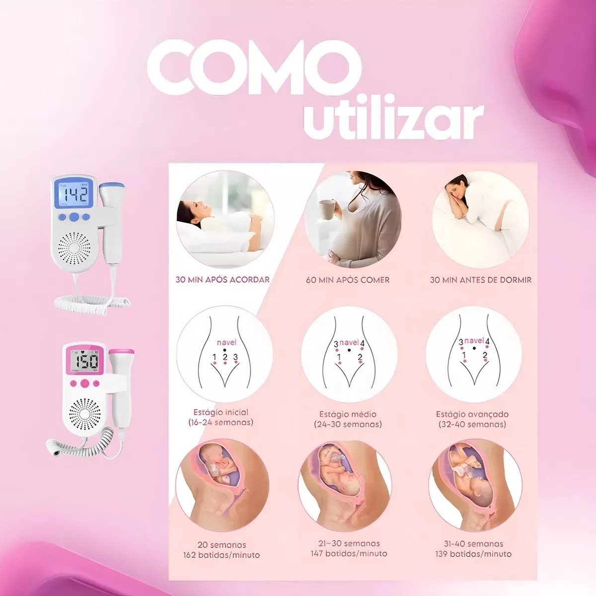 ECÓGRAFO DOPPLER FETAL MULTICOLOR PORTÁTIL LATIDOS CORAZÓN BEBÉ JHN - 10