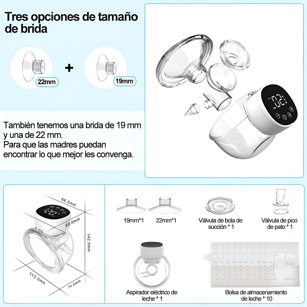 EXTRACTOR LECHE SACALECHE MATERNA DOBLE PORTÁTIL LED JHN MULTICOLOR - 10