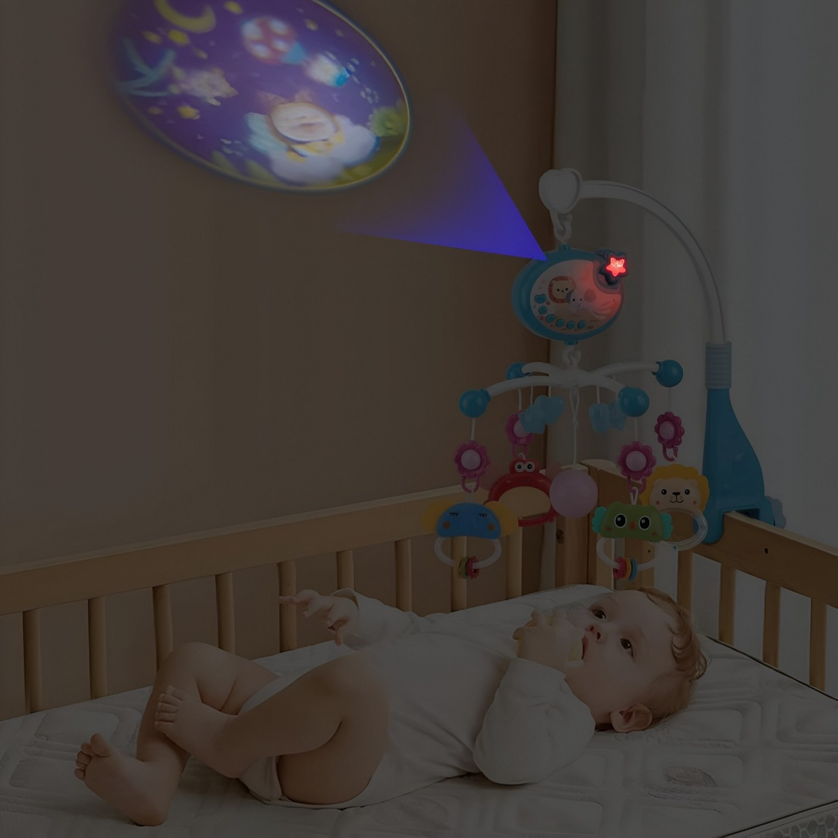 MÓVIL CUNA BEBÉ MULTICOLOR JUGUETES MÚSICA LUCES CARRUSEL PORTÁTIL JHN - 4