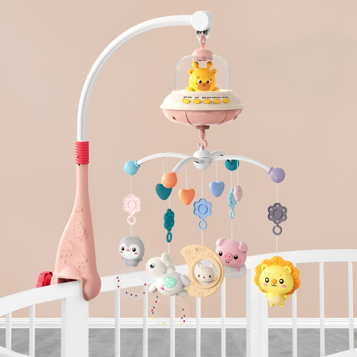 MÓVIL CUNA MULTICOLOR BEBÉ MÚSICA LUCES SONAJERO GIRATORIO COLGANTE JHN - 8