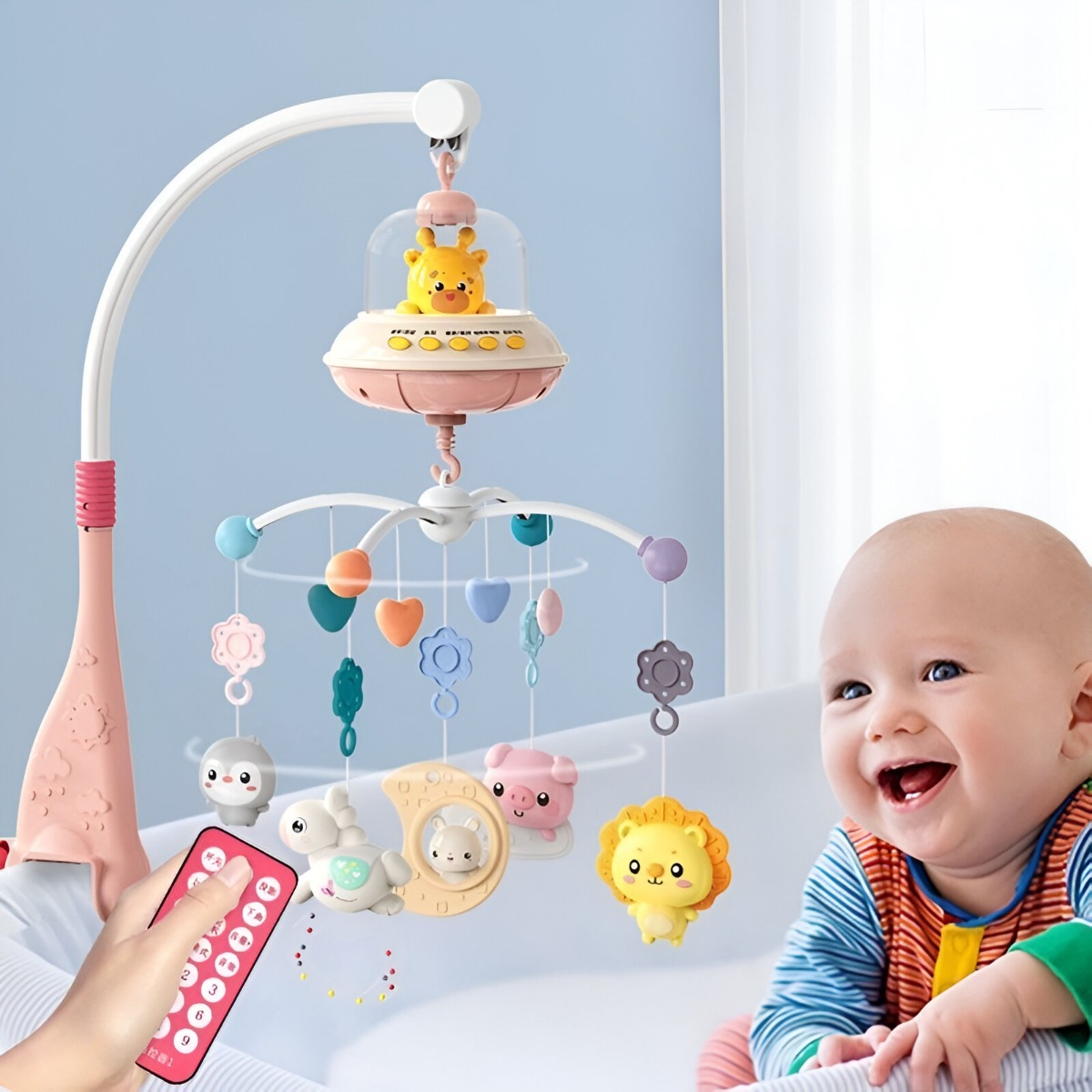 MÓVIL CUNA MULTICOLOR BEBÉ MÚSICA LUCES SONAJERO GIRATORIO COLGANTE JHN - 9