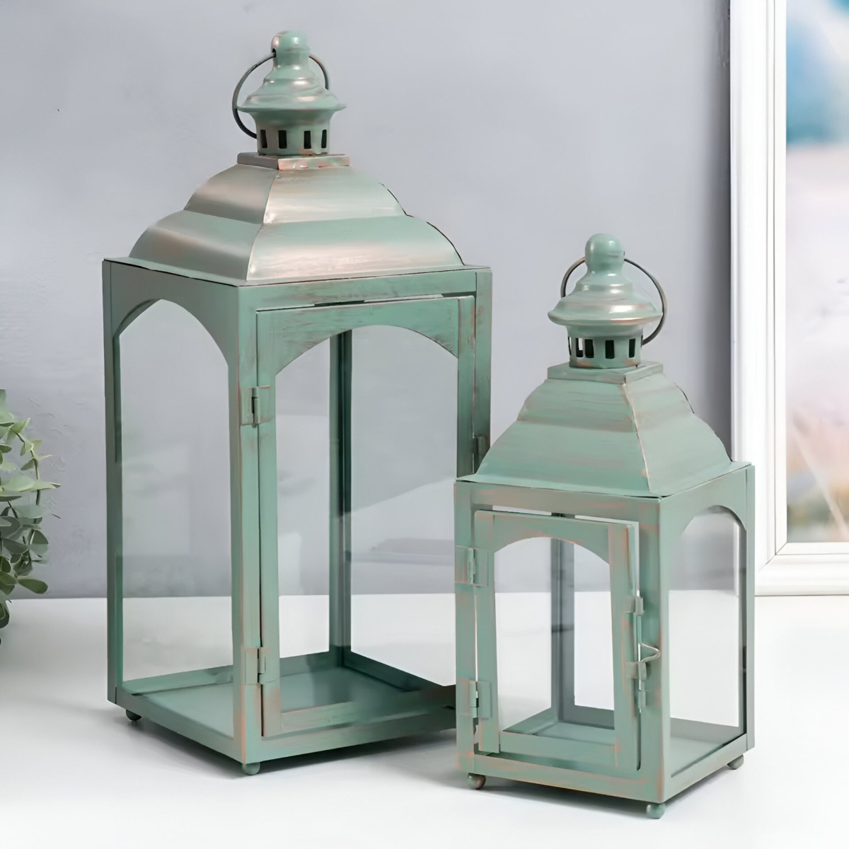 SET PORTAVELAS DECORATIVA METAL RETRO VENTANA 2 PIEZAS JHN - 2