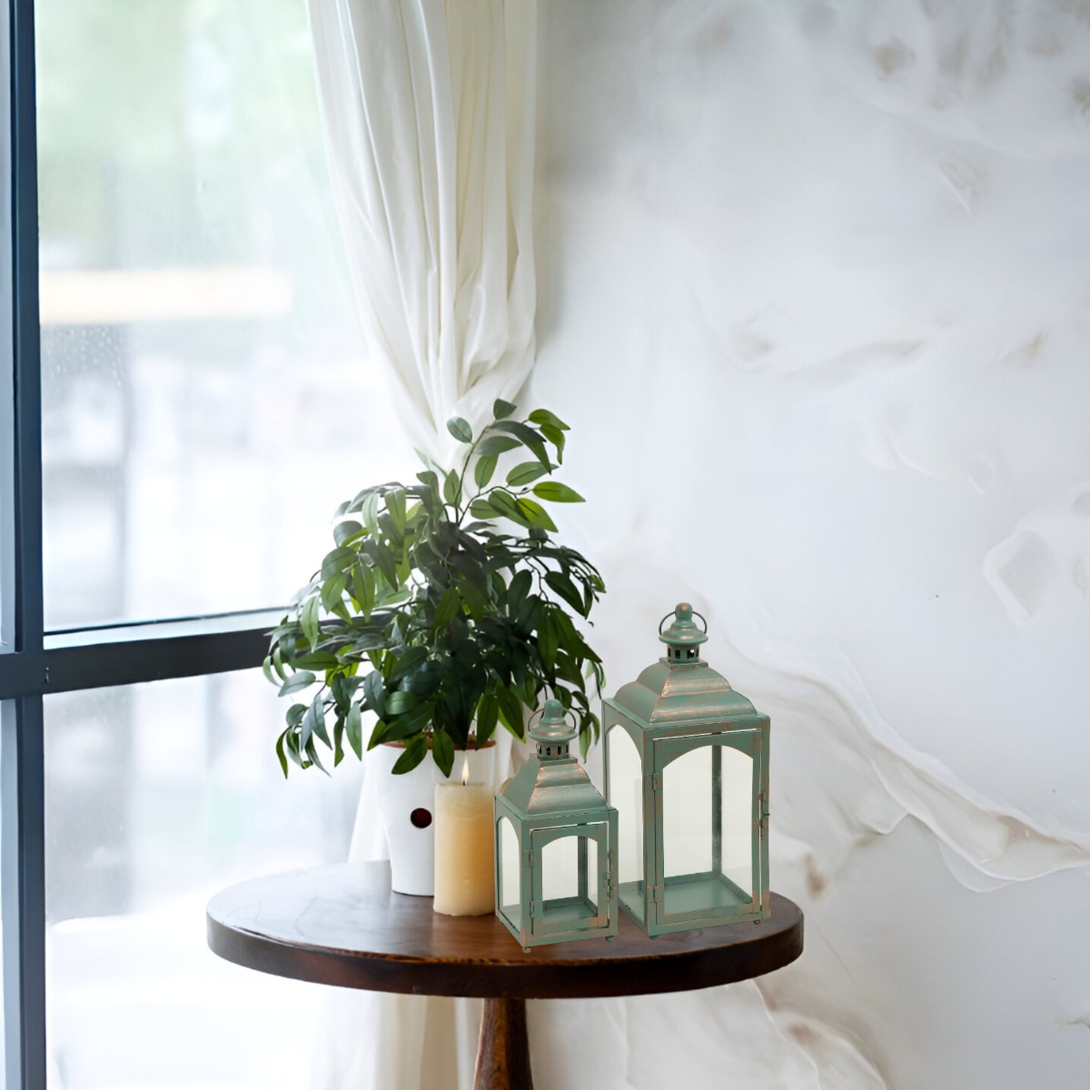 SET PORTAVELAS DECORATIVA METAL RETRO VENTANA 2 PIEZAS JHN - 5