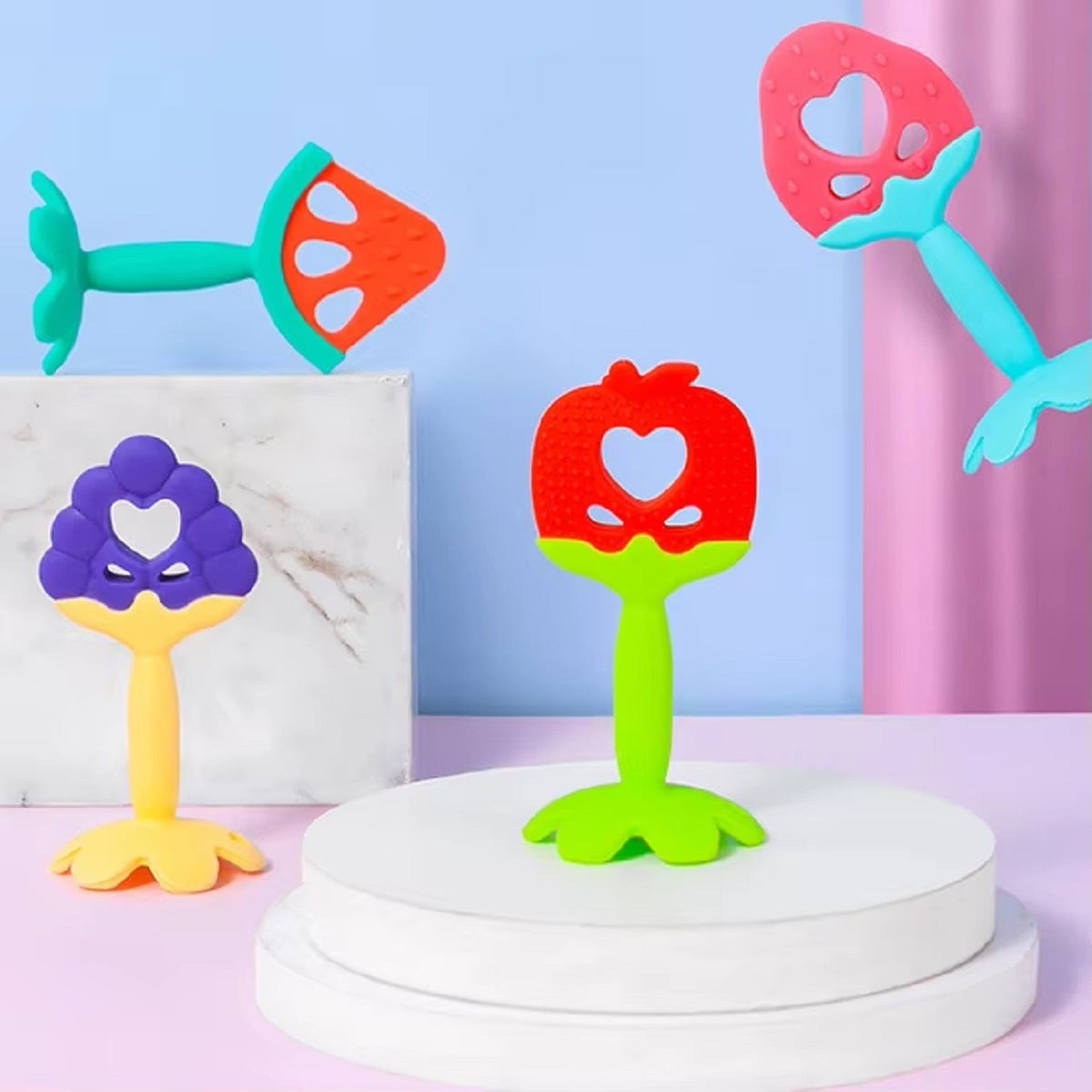 MORDEDOR SET 4 SILICONA DISEÑO FRUTAS DIVERTIDO BEBÉ LAU - 5
