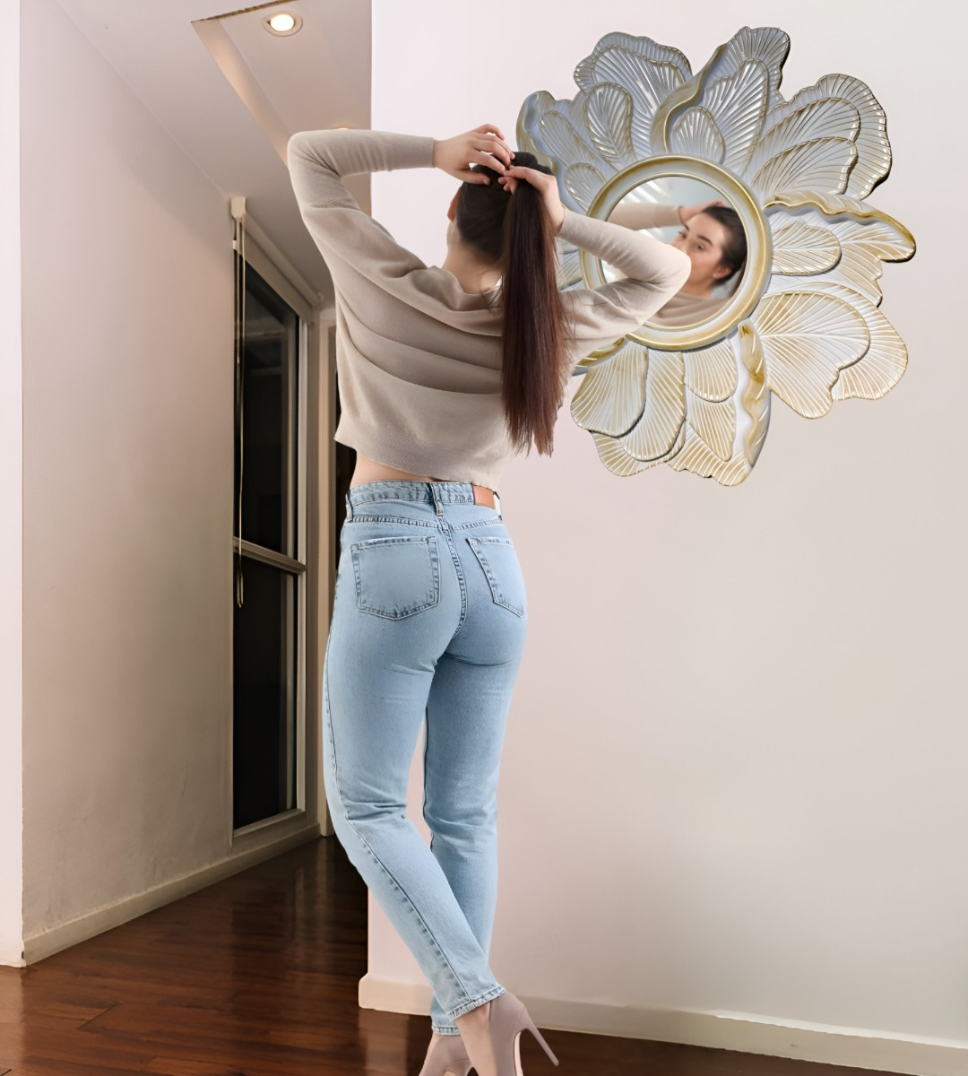 ESPEJO DECORATIVO PARED RESINA PÉTALOS ROSA JHN - 4