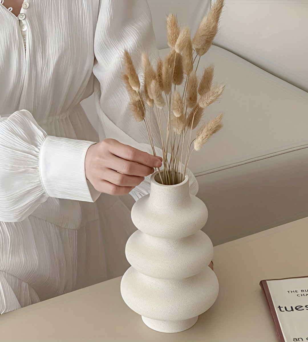 JARRÓN CERÁMICA ONDULADO MODERNO FLORES MINIMALISTA 21CM JHN - 3