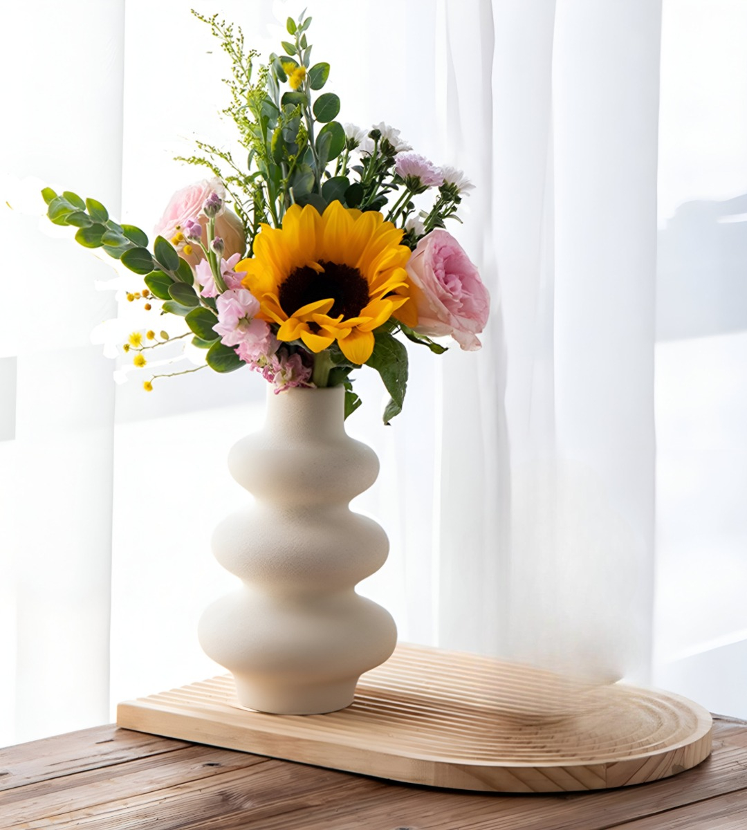 JARRÓN CERÁMICA ONDULADO MODERNO FLORES MINIMALISTA 21CM JHN - 10