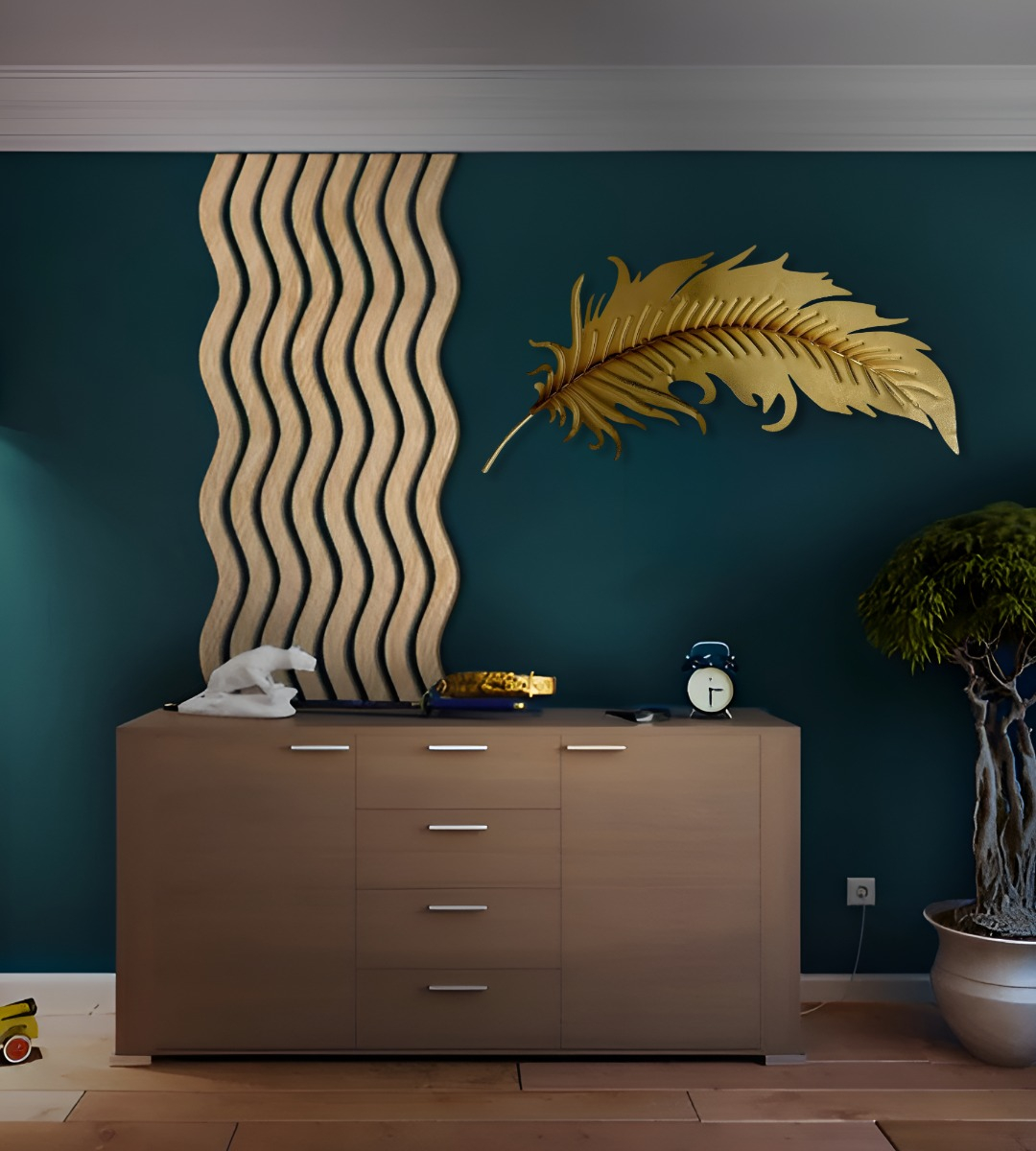 DECORACIÓN CREATIVA PARED PLUMA DORADA ESCULTURA HOGAR JHN - 7