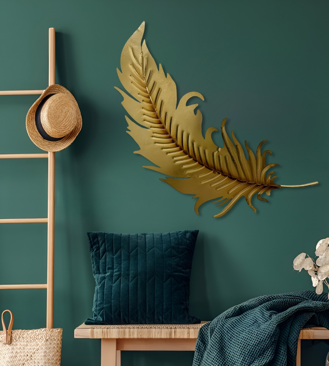 DECORACIÓN CREATIVA PARED PLUMA DORADA ESCULTURA HOGAR JHN - 10