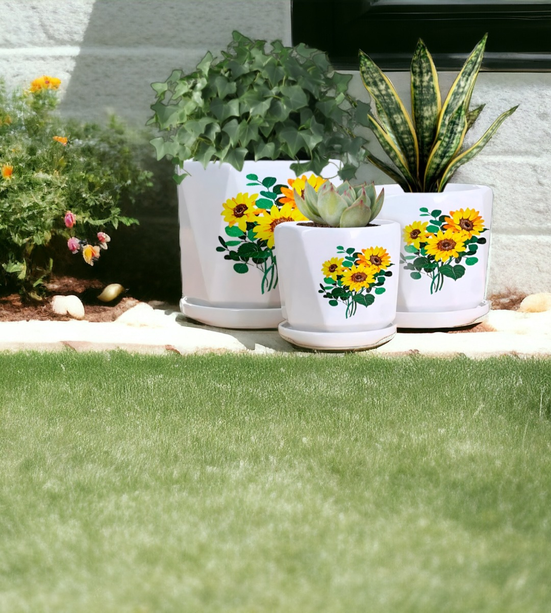 SET 3 MACETAS GIRASOL CERÁMICA PLANTAS JARDÍN DECORACIÓN JHN - 2