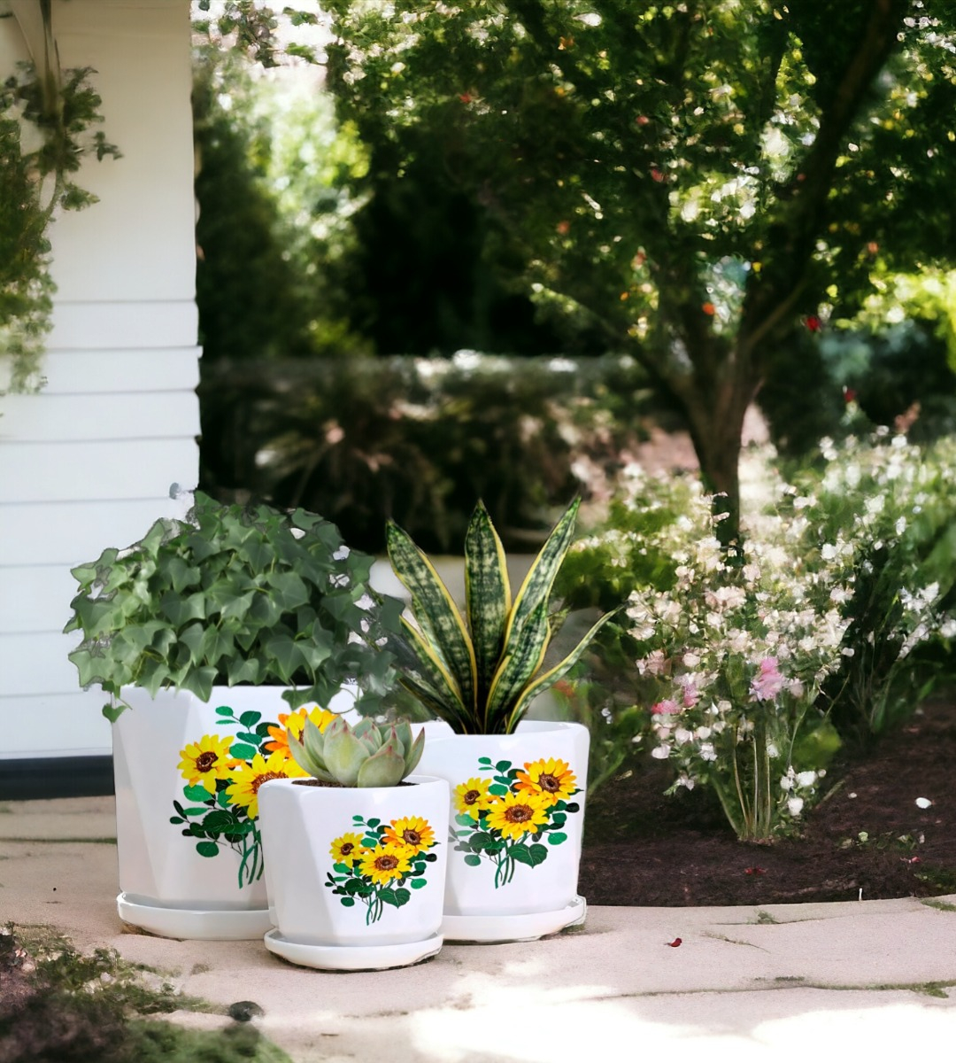 SET 3 MACETAS GIRASOL CERÁMICA PLANTAS JARDÍN DECORACIÓN JHN - 6