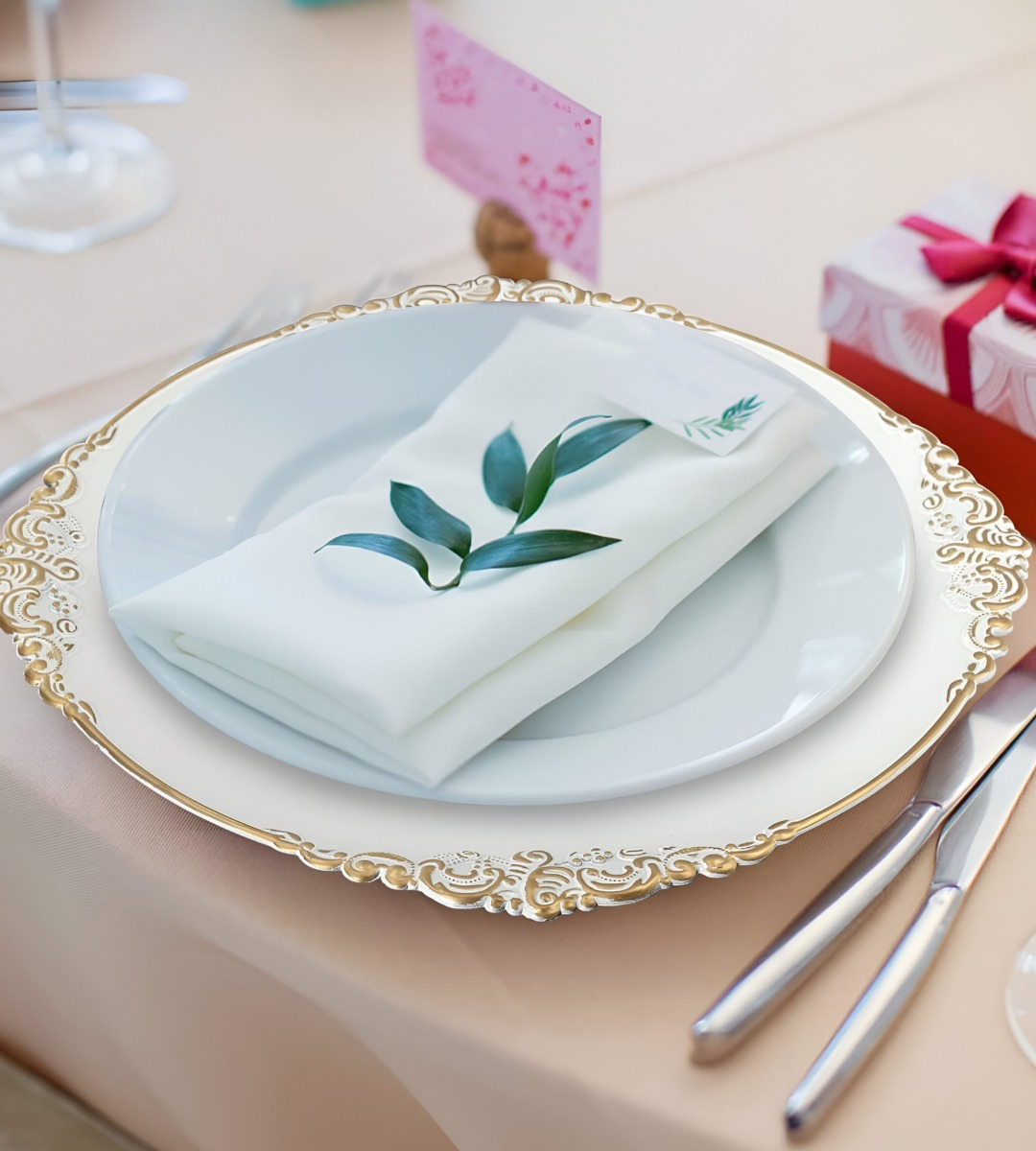 SET 3 BAJO PLATO BASE DECORATIVO BLANCO Y BORDE DORADO JHN - 10