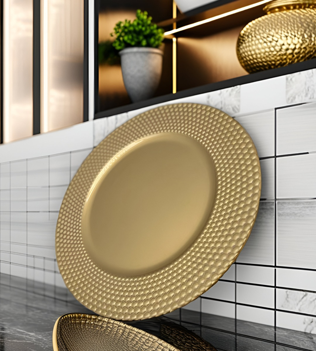 SET 3 PLATO DORADO DECORATIVO VAJILLA 33 CM REDONDO JHN - 6