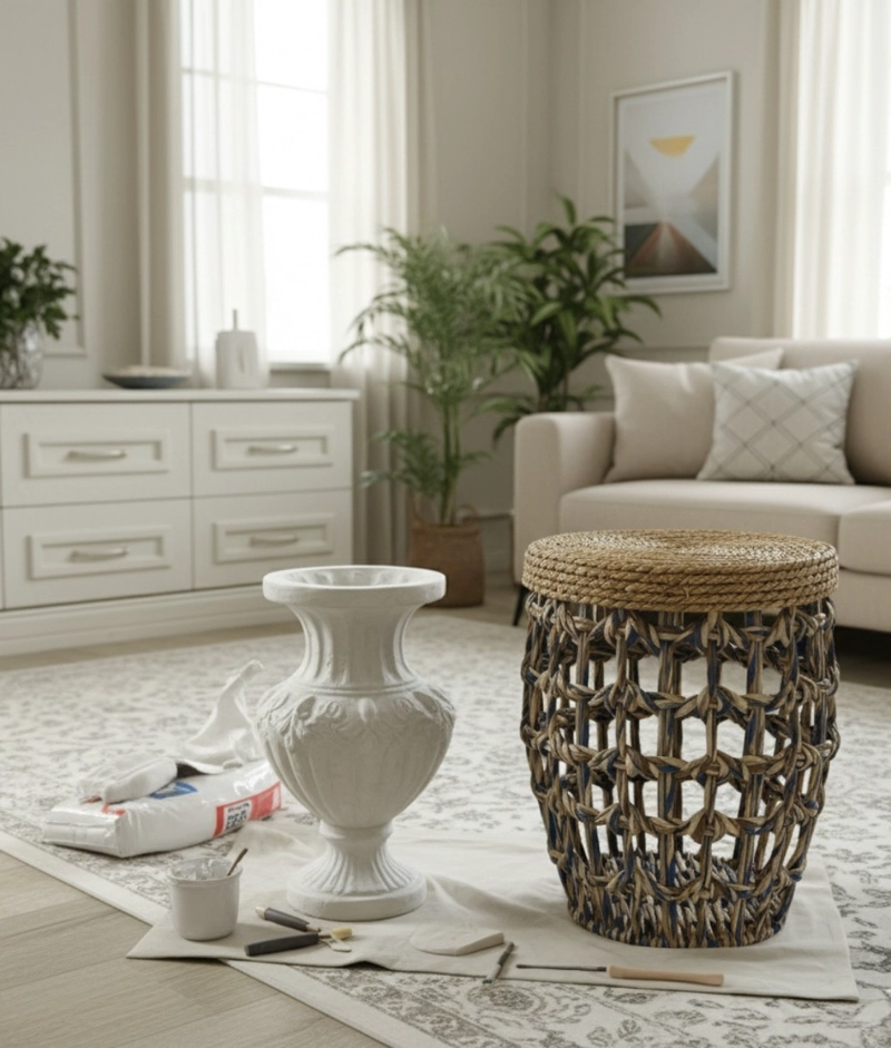 SET 3 TABURETES AUXILIARES DECORATIVOS ESTILO NATURAL JHN - 8