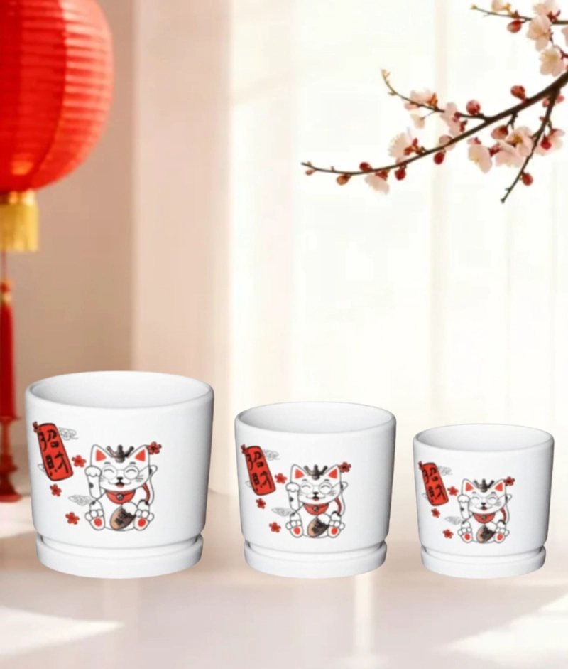 SET 3 MACETERO DECORATIVO DISEÑO GATO SUERTE ARMONIA JHN - 6