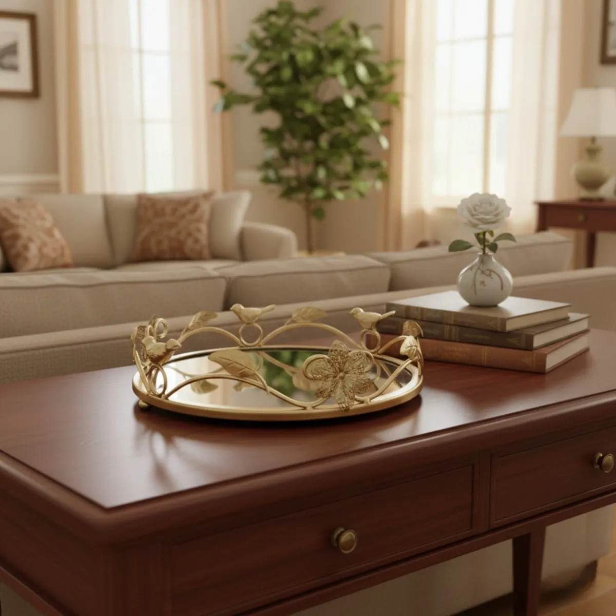 BANDEJA DECORATIVA REFLEJANTE ESPEJADA ESTILO BOTANICO JHN - 2