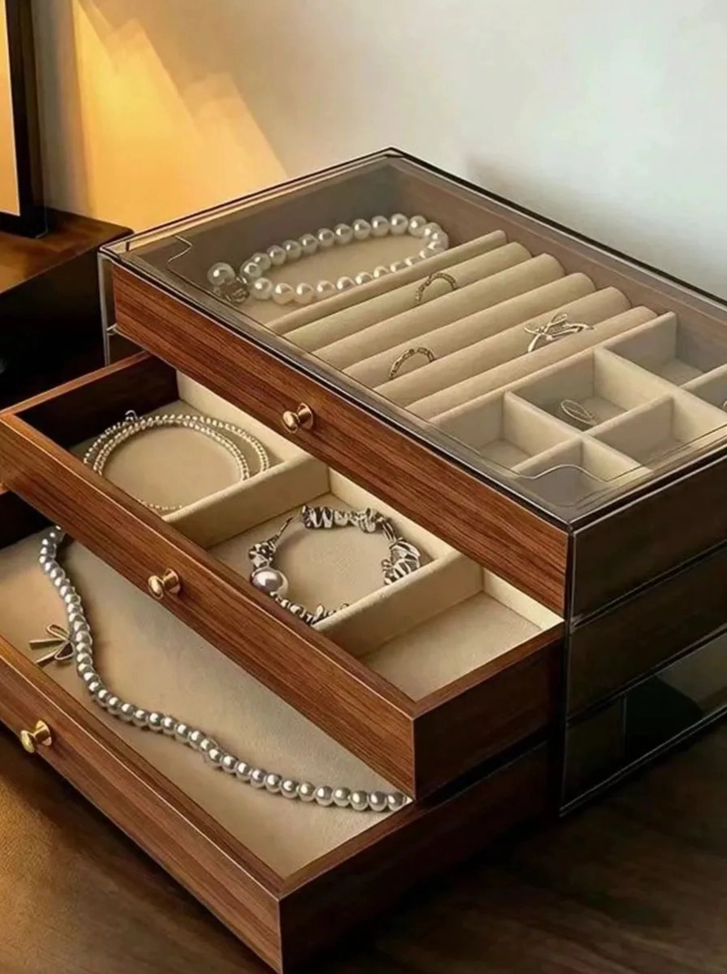 JOYERO MADERA NOGAL 3 CAPAS ORGANIZADOR TERCIOPELO MV - 5
