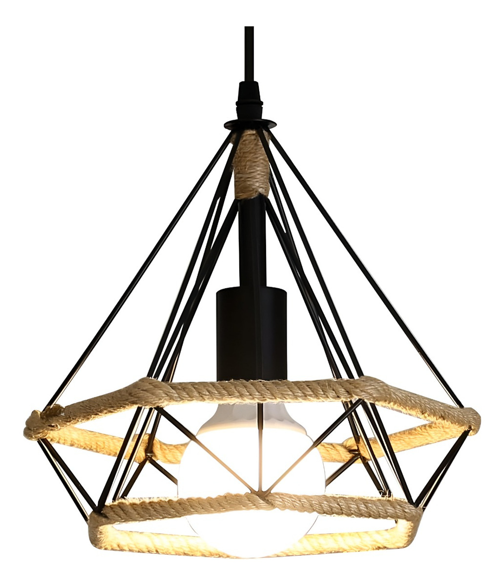 LÁMPARA TECHO COLGANTE DIAMANTE CAÑAMO CUERDA METAL JHN NEGRO - 3