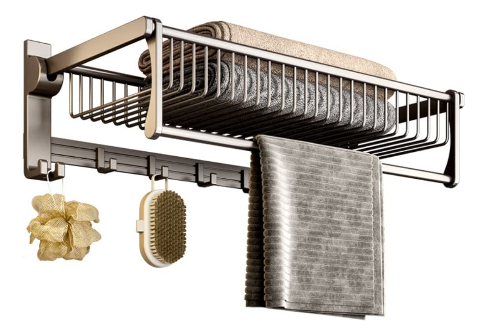ESTANTE ACERO INOXIDABLE ORGANIZADOR BAÑO DOBLE BARRA 5 GANCHOS PARED JHN PLATA - 3