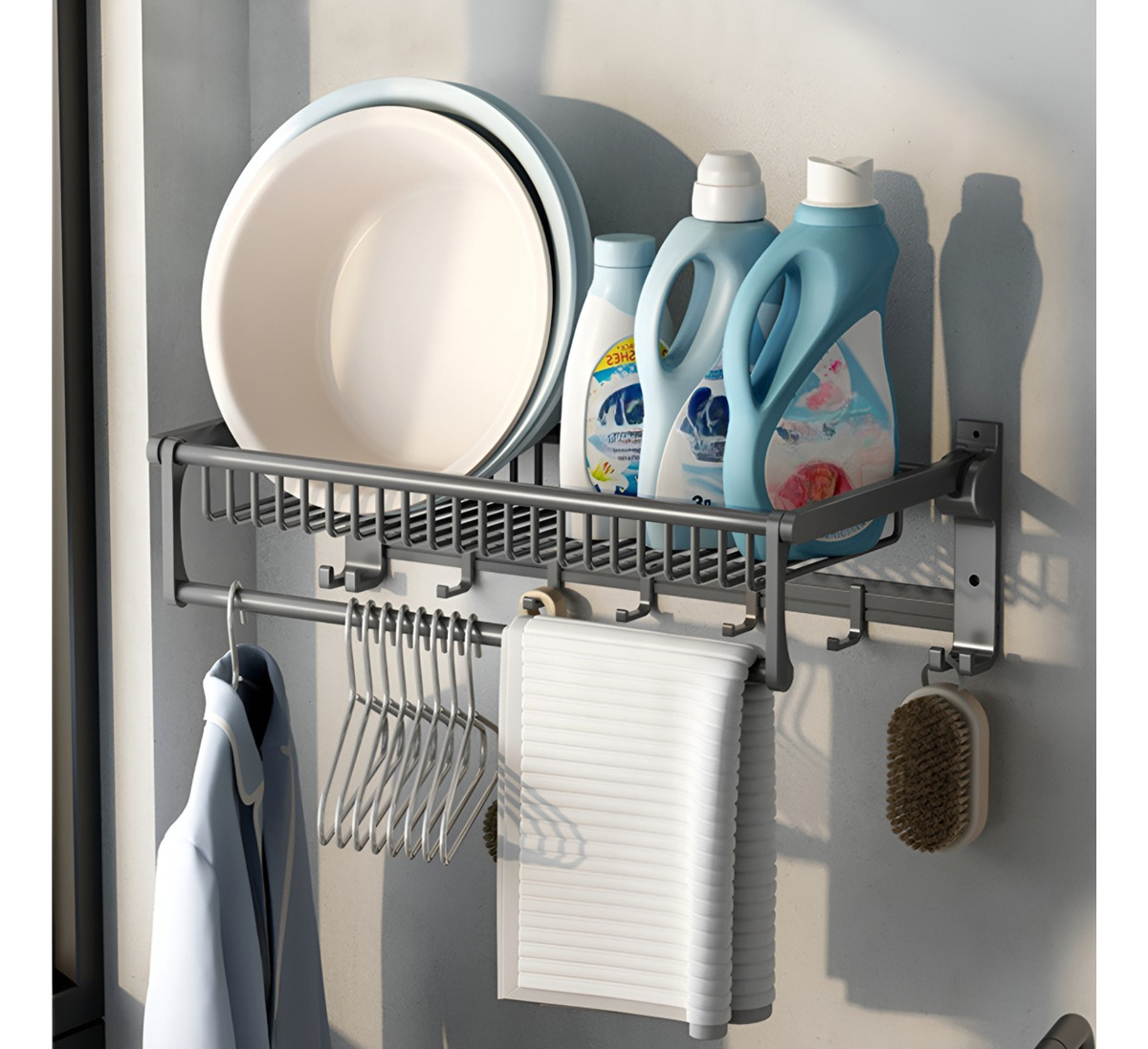 ESTANTE ACERO INOXIDABLE ORGANIZADOR BAÑO DOBLE BARRA 5 GANCHOS PARED JHN PLATA - 4