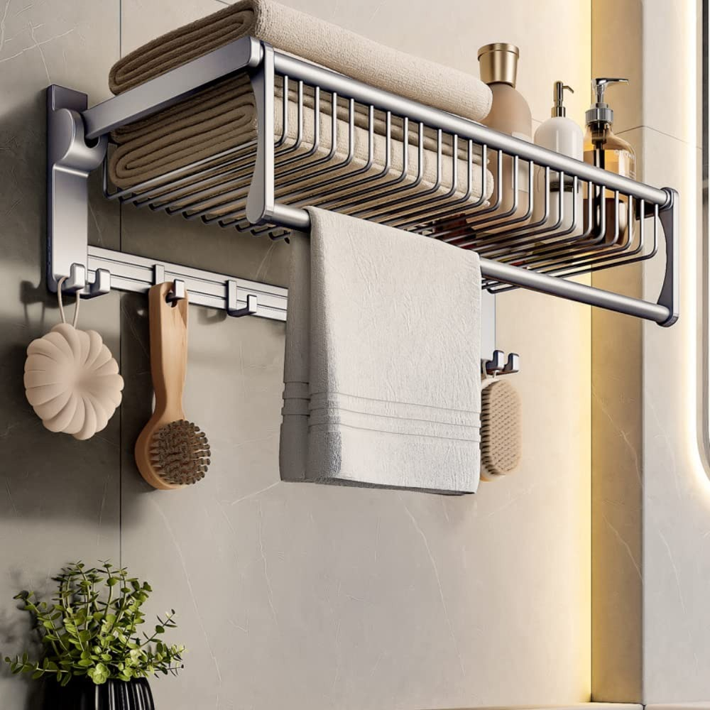 ESTANTE ACERO INOXIDABLE ORGANIZADOR BAÑO DOBLE BARRA 5 GANCHOS PARED JHN PLATA - 5