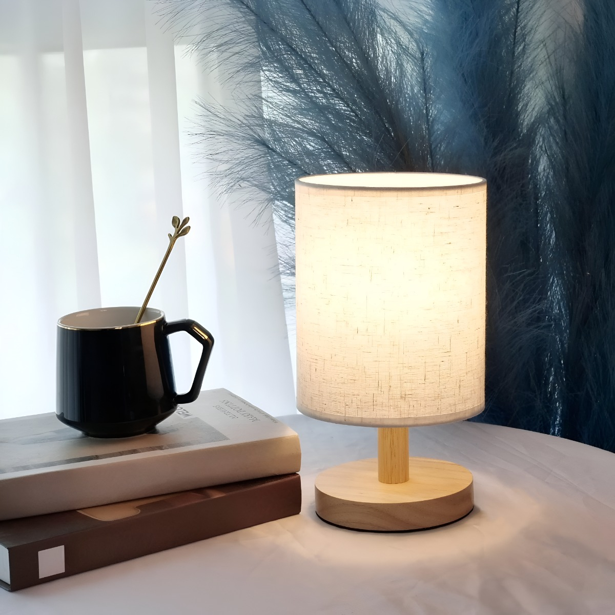 LÁMPARA MESA MINIMALISTA DECORATIVA MADERA REDONDA BEIGE JHN - 6