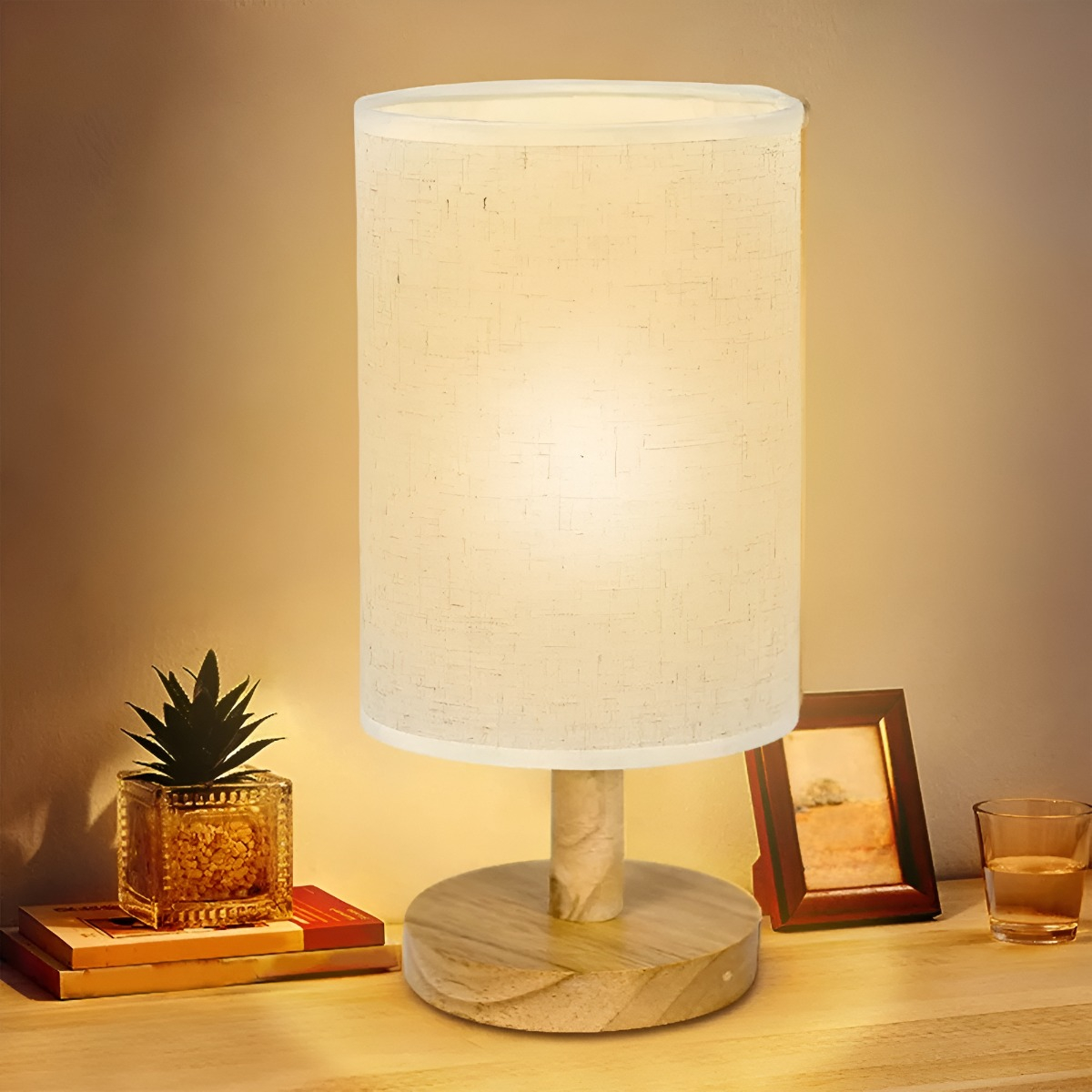 LÁMPARA MESA MINIMALISTA DECORATIVA MADERA REDONDA BEIGE JHN - 7