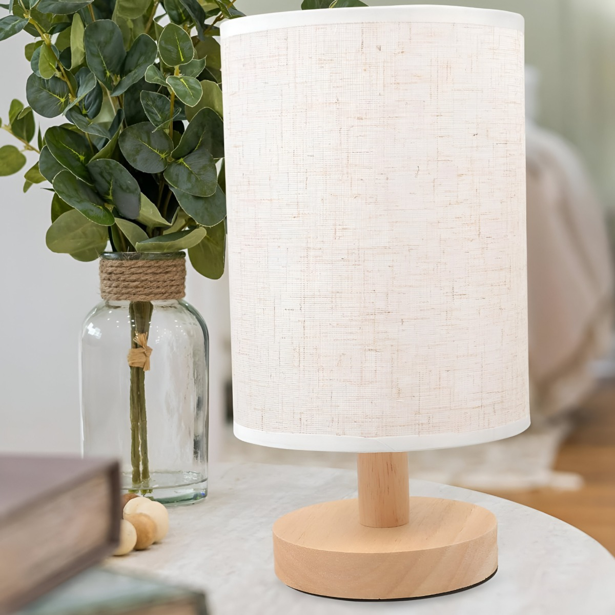 LÁMPARA MESA MINIMALISTA DECORATIVA MADERA REDONDA BEIGE JHN - 10