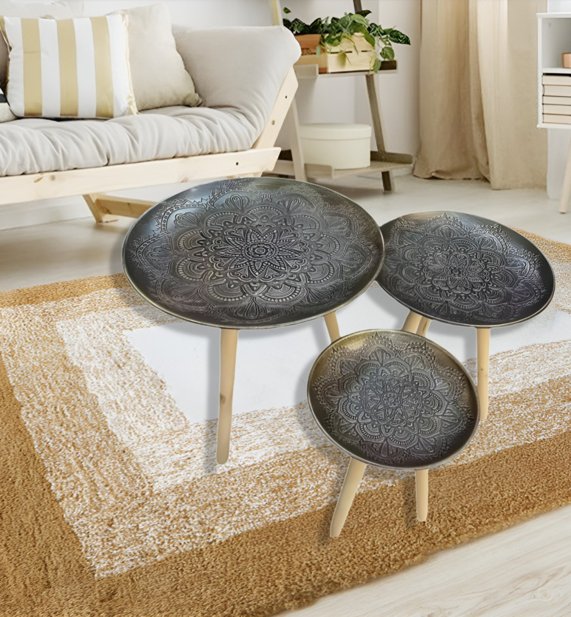 SET 3 MESAS DECORATIVAS DISEÑO VINTAGE DORADO ENVEJECIDO JHN - 8