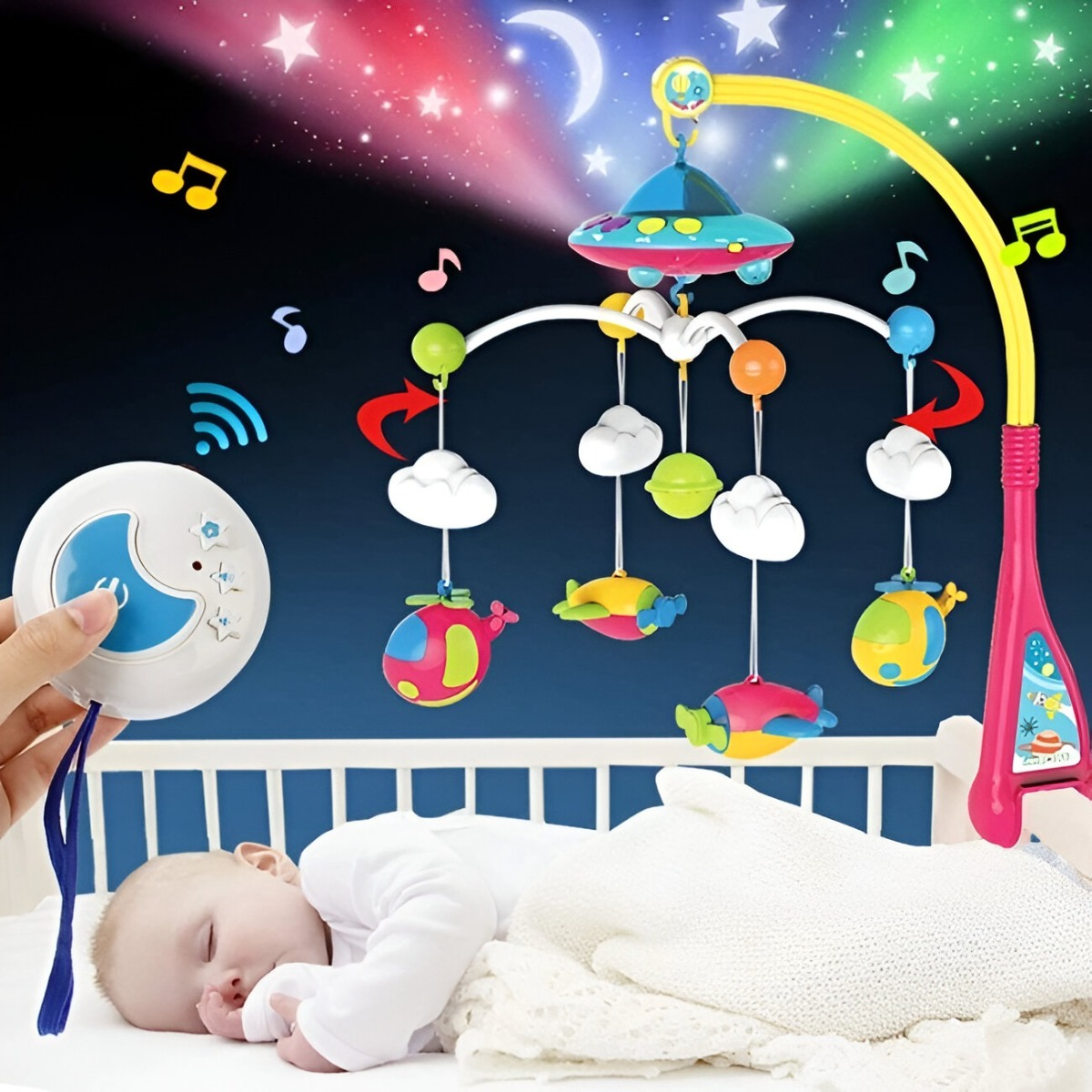 MÓVIL CUNA MULTICOLOR MUSICAL BEBÉ LUZ PROYECTOR ESTRELLA SONAJERO JHN - 6