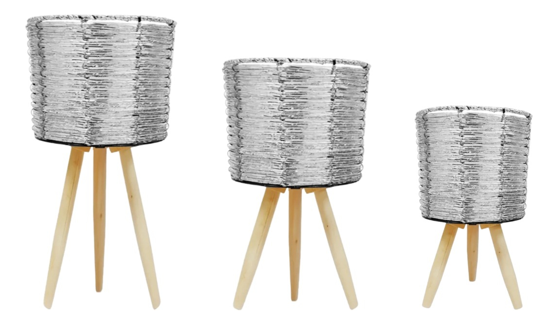 SET DE 3 MACETEROS MIMBRE SINTÉTICO PLATA JARDÍN PLANTAS JHN - 1