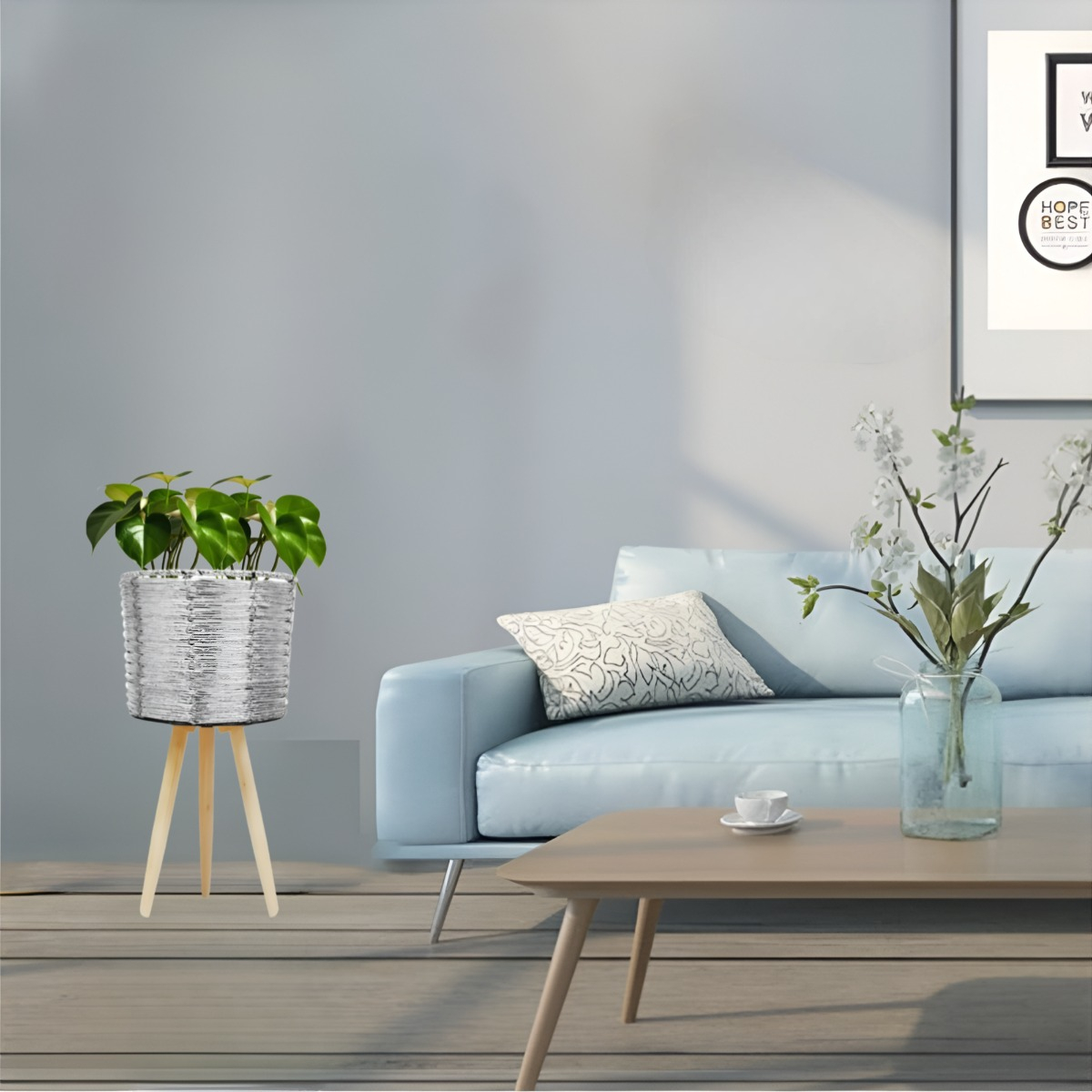SET DE 3 MACETEROS MIMBRE SINTÉTICO PLATA JARDÍN PLANTAS JHN - 10