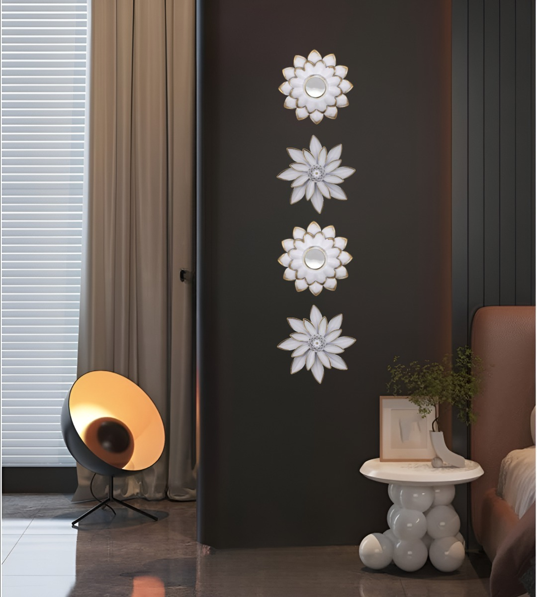 SET 4 ESPEJOS Y FLORES DE LOTO DECORATIVOS BLANCO JHN - 9