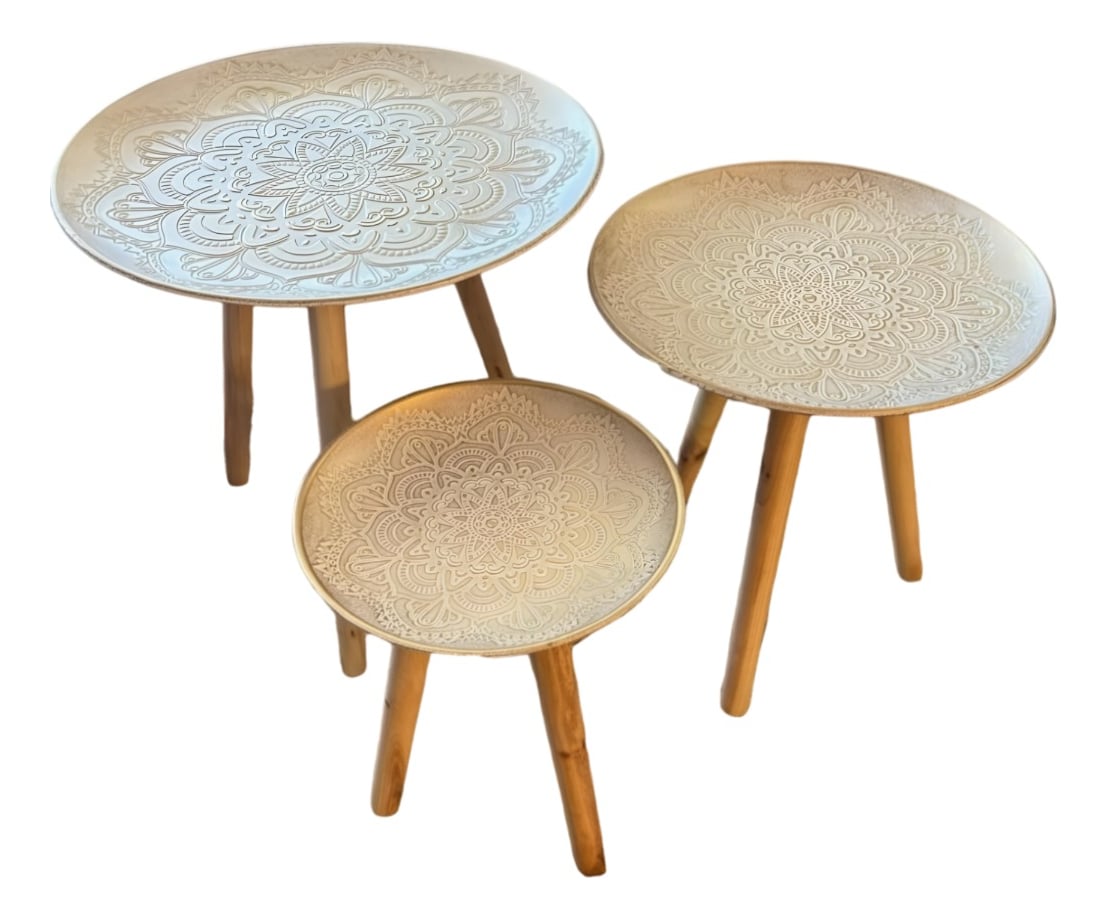 SET 3 MESAS CENTRO DECORATIVA MANDALA NÓRDICA REDONDA JHN - 1