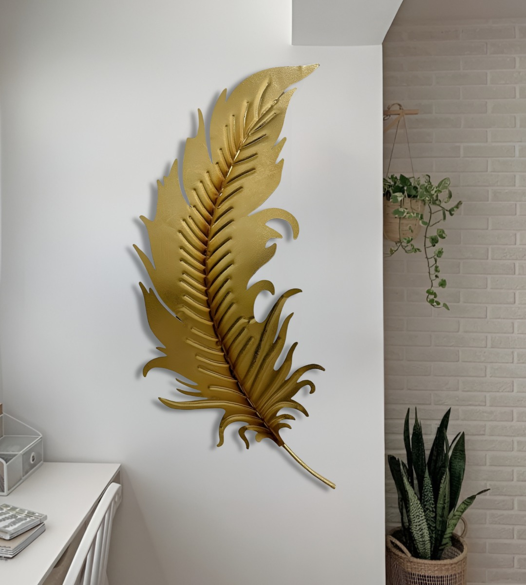DECORACIÓN CREATIVA PARED PLUMA DORADA ESCULTURA HOGAR JHN - 8