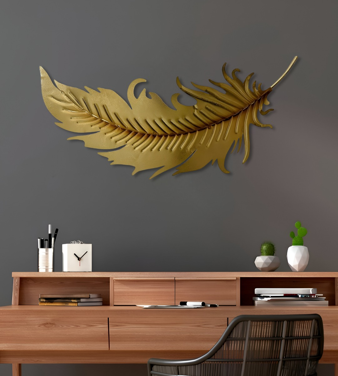 DECORACIÓN CREATIVA PARED PLUMA DORADA ESCULTURA HOGAR JHN - 9