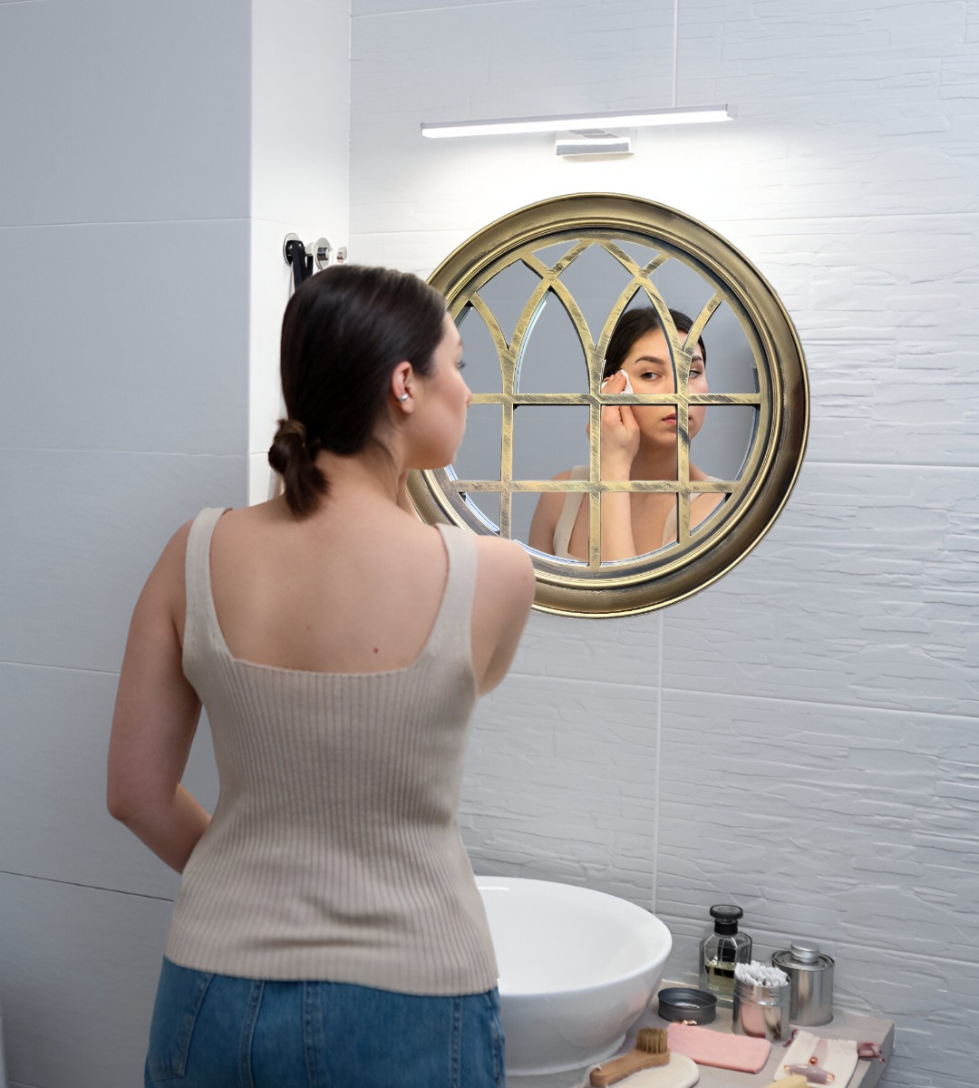ESPEJO DECORATIVO DORADO CIRCULAR VENTANA ELEGANTE JHN - 3