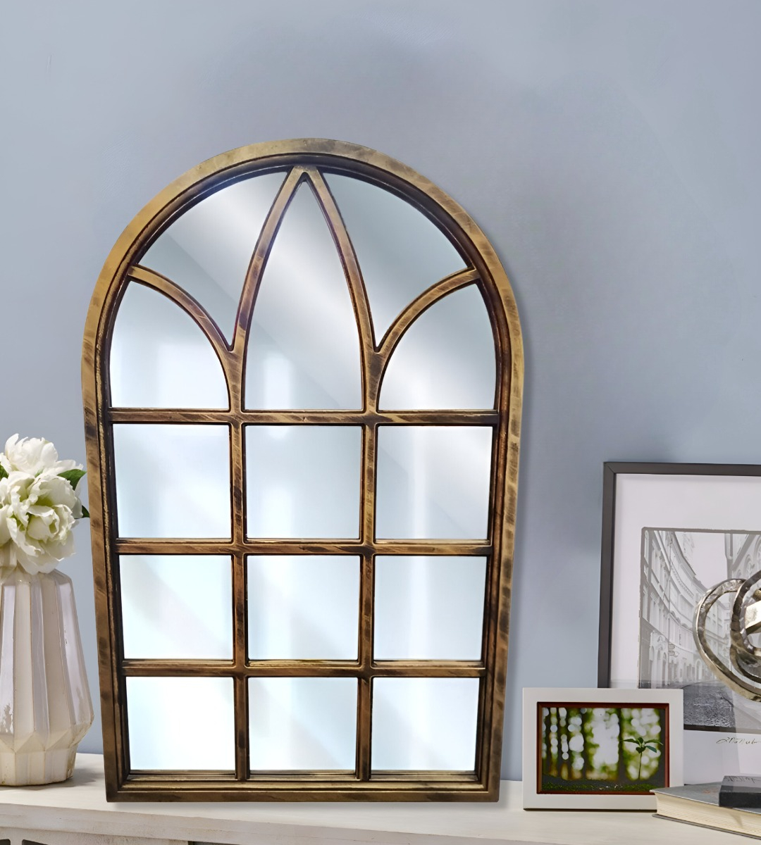 ESPEJO DECORATIVO DORADO ENVEJECIDO VENTANA CATEDRAL JHN - 9