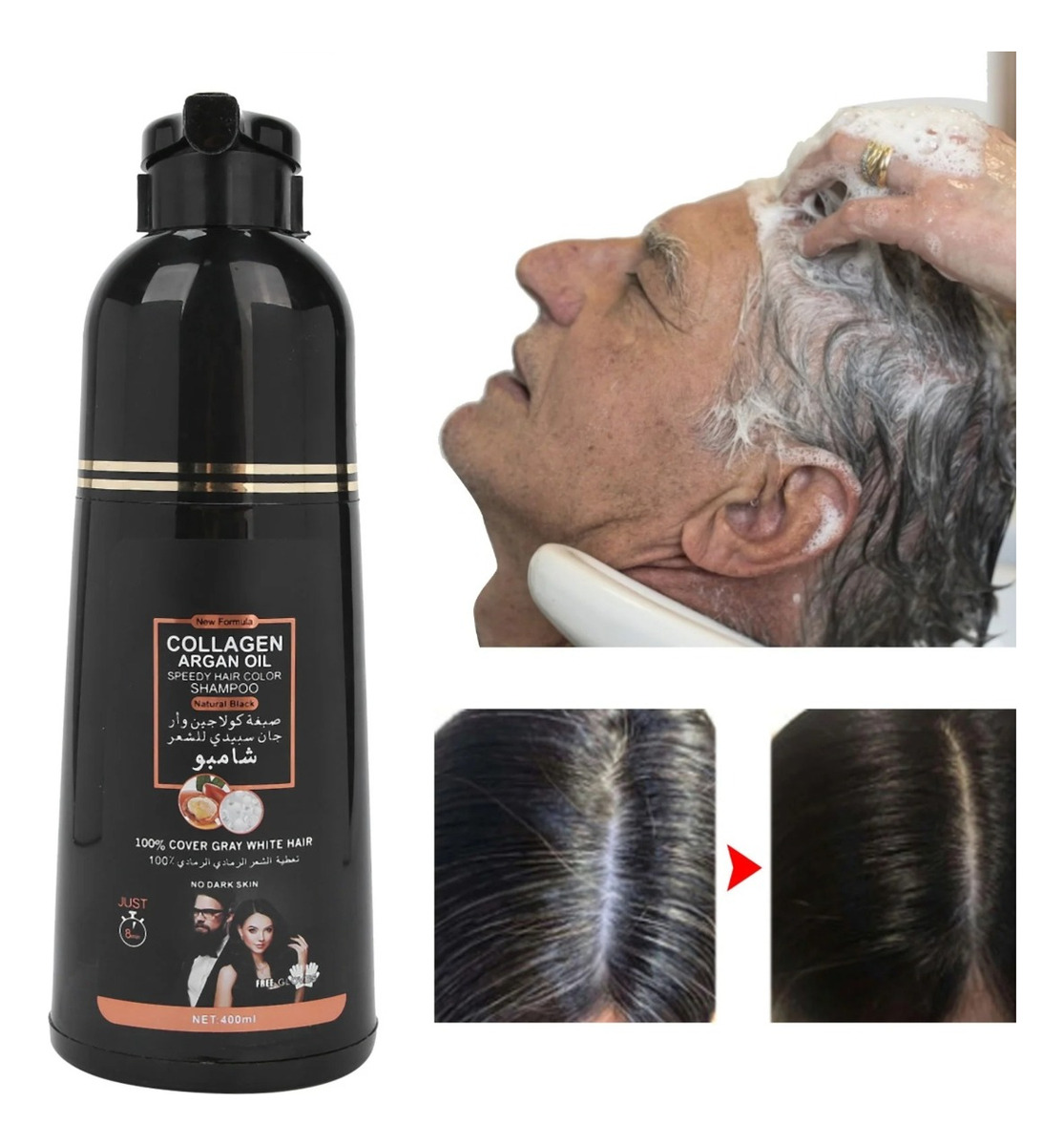 SHAMPOO TINTE CUBRE CANAS SUAVIZA REPARA CABELLO NEGRO JHN - 10