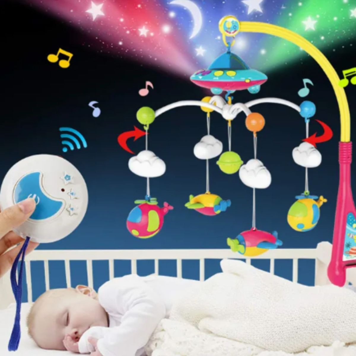 MOVIL MUSICAL CUNA PROYECTOR ESTRELLAS LUCES BEBE LAU - 10