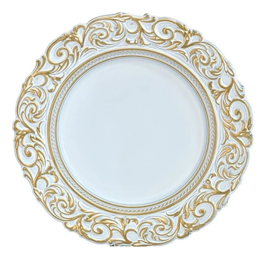 SET 3 PLATO BLANCO BORDE DORADO MESA RELIEVE DECORATIVO JHN - 1